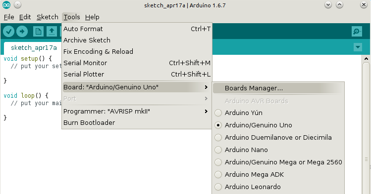 Arduino IDE arendusplaatide valik (boards)